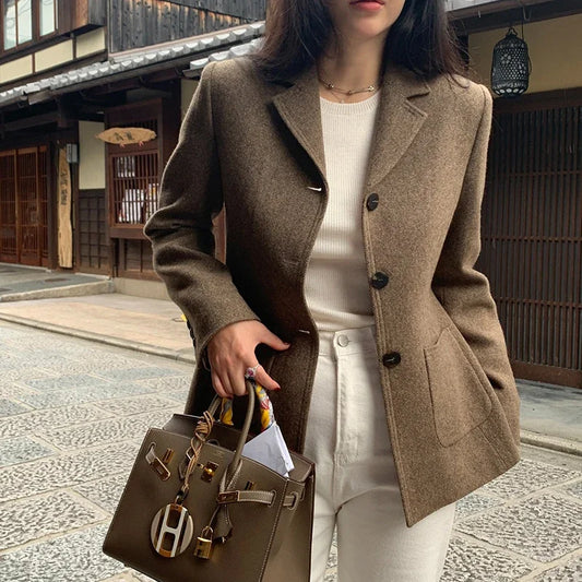 Korean Chic Woolen Suit Jacket for Women Autumn and Winter Slim Fit Brown Commuter High end Wool Coat Blazers Women Clothing