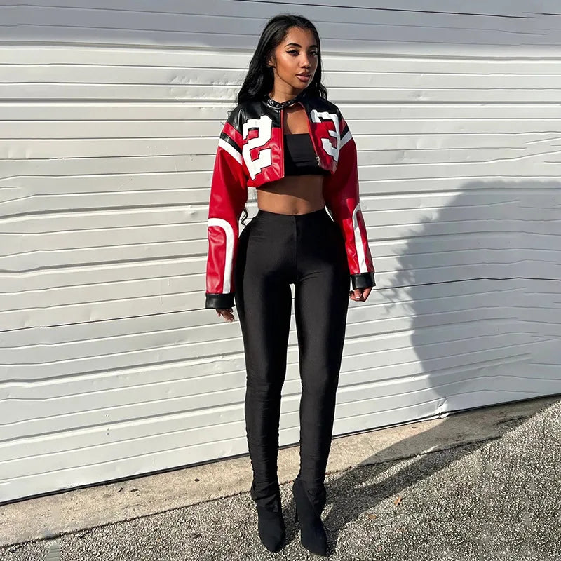 Crop Top Women's Leather Jacket Moto Biker Style Number Print Women's Jacket Fashion Outerwears Women's Moto Biker Zipper Jacket