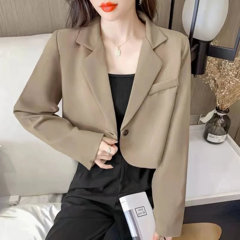 Blazers Women Crop Outwear Spring Office Ladies Solid Design Retro Casual Simple Fashion Korean Chic Female All-match Elegant