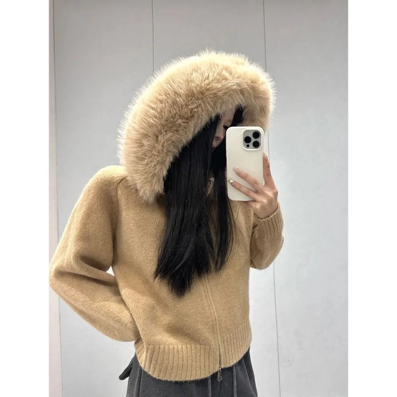 Y2K American sexy slim-fit solid color fur collar design long-sleeved zipper cardigan hoodie for women winter warm versatile top