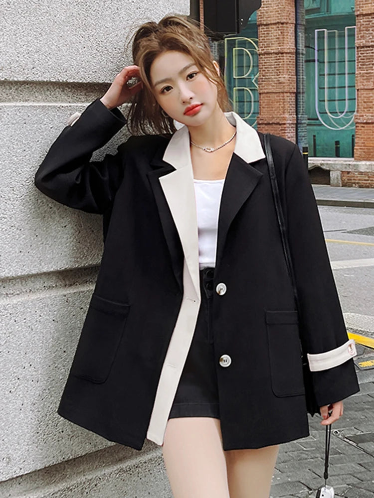 LANMREM Fashion Contrast Color Blazer Women Notched Collar Patchwork Design Single Breasted Coat 2024 Spring New 2AA5068