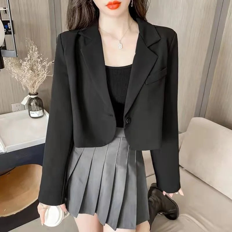 Blazers Women Crop Outwear Spring Office Ladies Solid Design Retro Casual Simple Fashion Korean Chic Female All-match Elegant