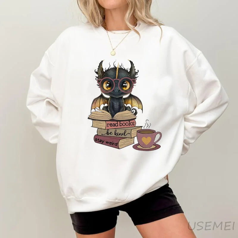 Fourth Wing Dragon Printed Sweatshirt Women Fantasy Book Lover Sweat Hoodie Funny Long Sleeve Pullover Bookish Sweatshirts