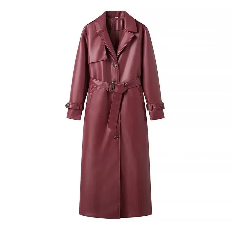 Street Women's  Burgundy Leather Overcoat With Belt Lapel Single Breasted Full Sleeve Long Coats 2024 Winter Lady Retro Outwear