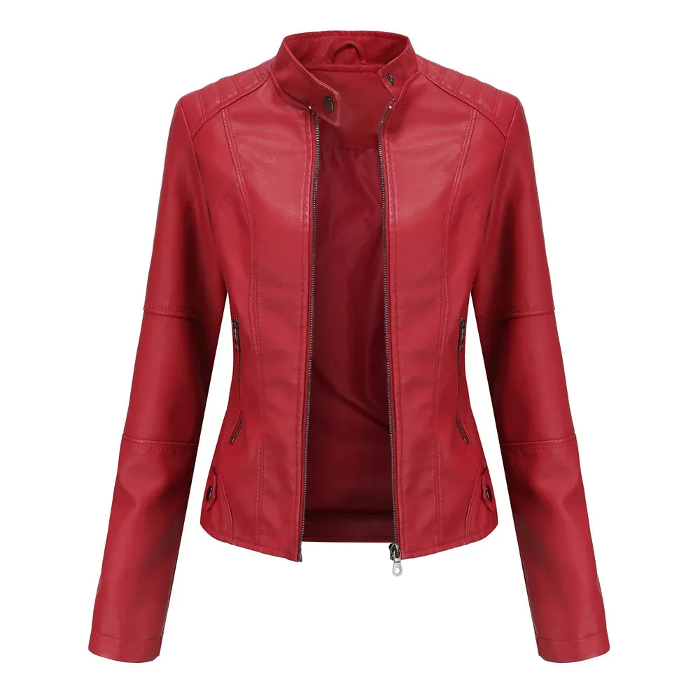 Women Jackets Leather Stand Collar Full Sleeve Slim Fit Jacket Zipper Splice Cots Casual Elegant Lady High Street Autumn 2024