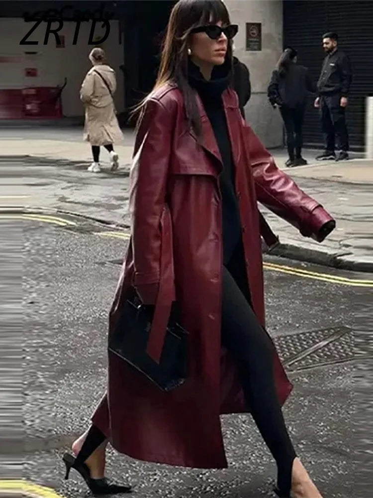 Street Women's  Burgundy Leather Overcoat With Belt Lapel Single Breasted Full Sleeve Long Coats 2024 Winter Lady Retro Outwear